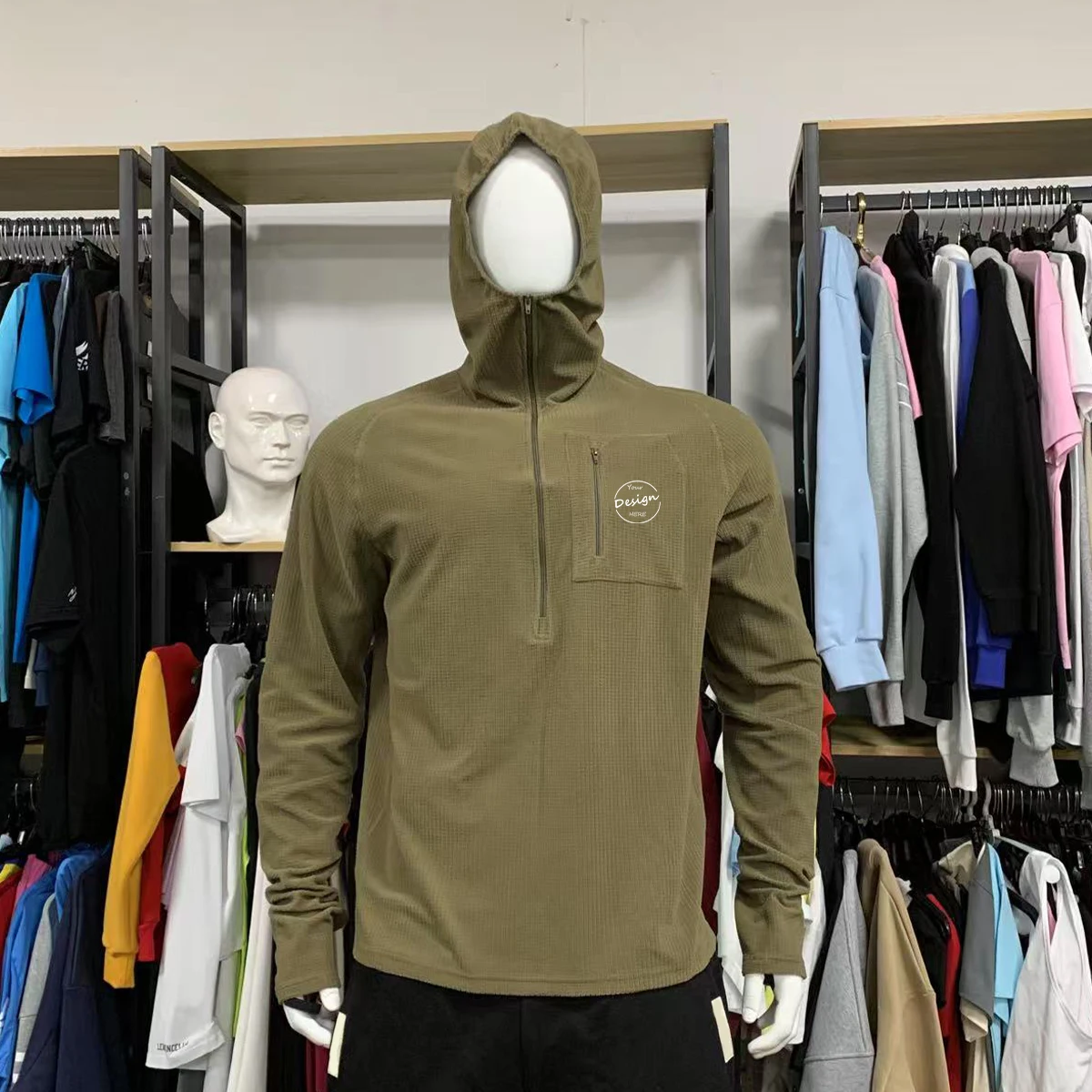 Heavyweight 250 GSM Thick Cotton Waffle TShirt Hood Blank Pullover Men’s Quarter 1/4 Zipper-Neck T-shirt Pullover Long Sleeve