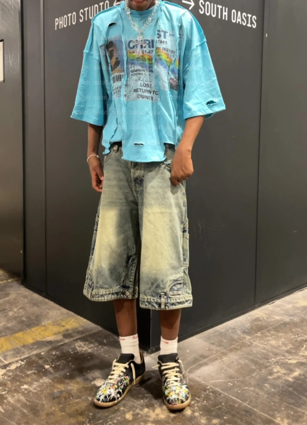 Salati Custom Streetwear Panel T Shirt Tee Overlapping Seam Uneven Cut and Sew Cotton Screen Print Oversized Cropped T-shirt Men gallery 2