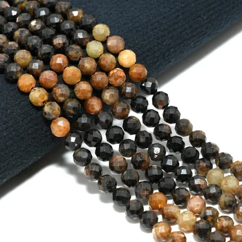 Natural Yellow Sapphire+Black Start Sapphire Faceted Round Beads 4.3mm