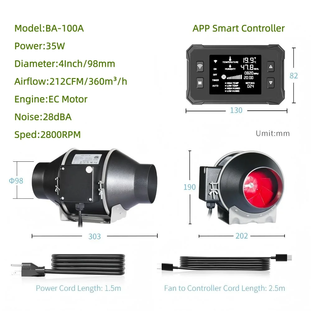 Inline Booster Duct Fan, BAVAGREEN, WIFI, APP - detail 4