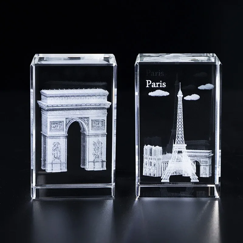 Factory Wholesale 3D Laser Eiffel Tower Arch of Triumph Louvre Notre Dame Cube Souvenir Blank Crystal Crafts For Laser Engraving details