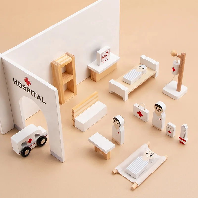 Pretend Play Hospital Set Wooden Play House Simulation Combination Hospital  Toy With Wooden Medical Toy Set Role Play Toy