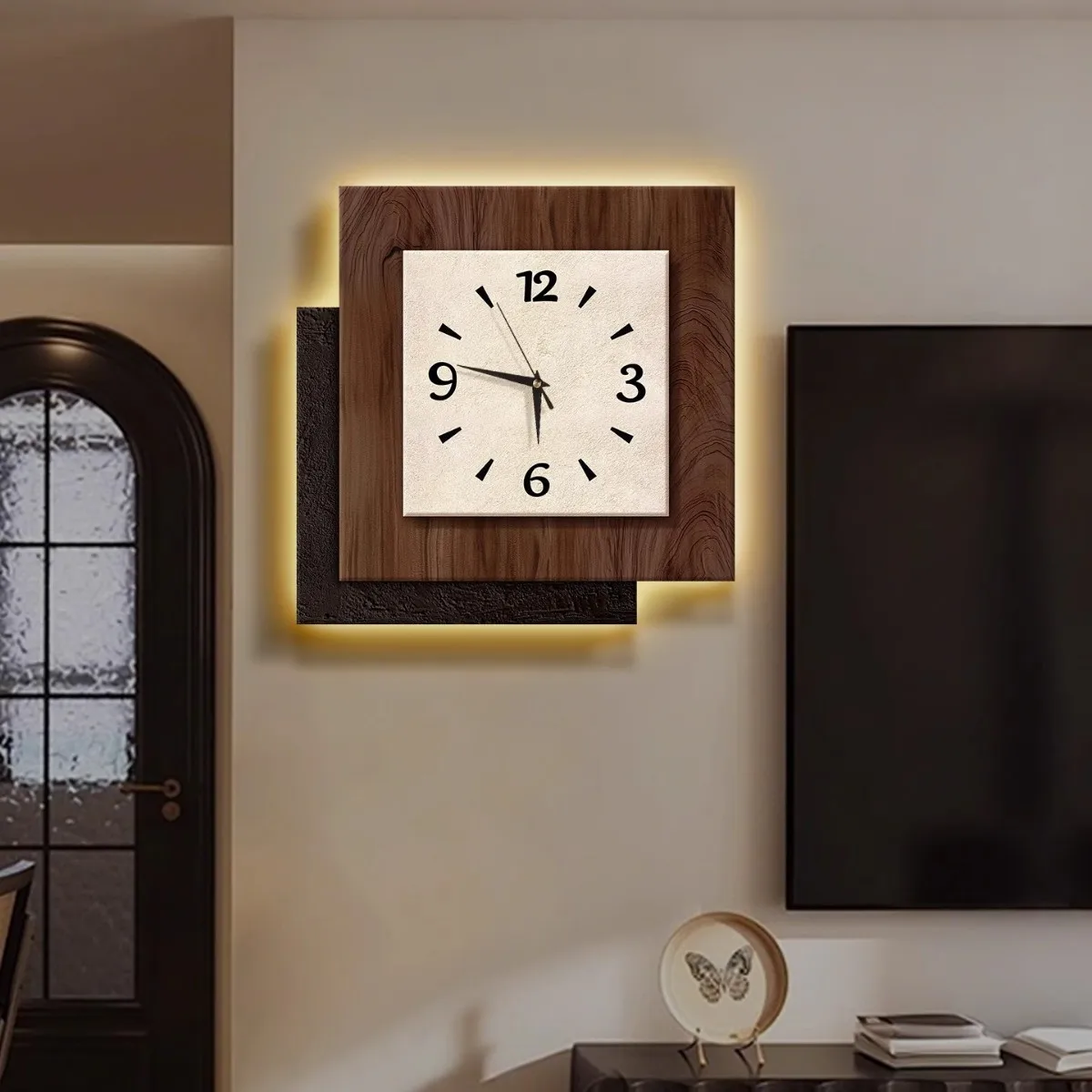 Green Textured Wall Clock Square Layered Design Silent Non Ticking Minimalist Wabi Sabi Modern Neutral Home Decor Living Room