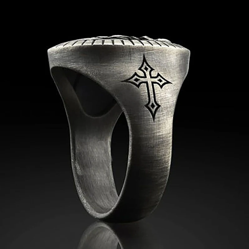 Men's Jesus avatar Antique Silver Ring Oval Christian Cross Religious Ring