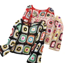 Hand Crochet flower pattern female spring and autumn national style retro smock with colorful long-sleeved Crochet Flower Top