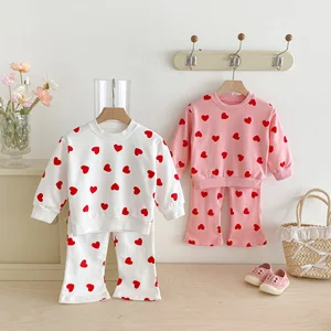 2026 Autumn New Girls' Korean Style Casual Suit Love Printed Princess Two-Piece Set Solid Pattern Baby Girl Clothes for Kids