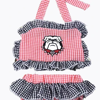 RTS Kids swimsuits Boutique wholesales red color Red and white squares dog print hot sale kids swimsuits