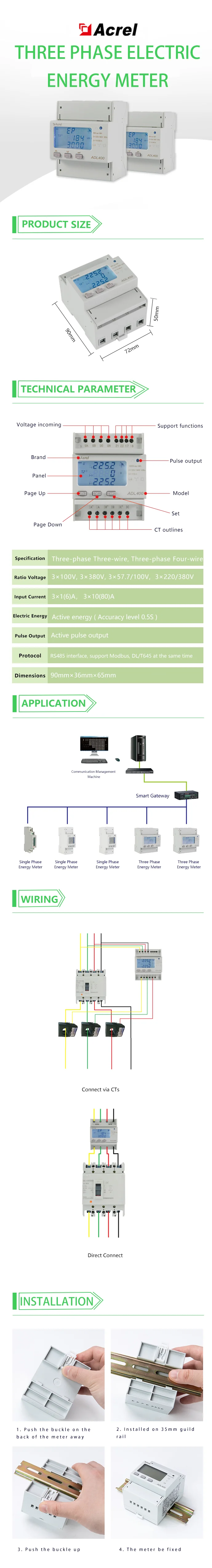 Acrel Adl400/c Ac 3 Phase 220/380/400v Mid Smart Energy Meter Rs485