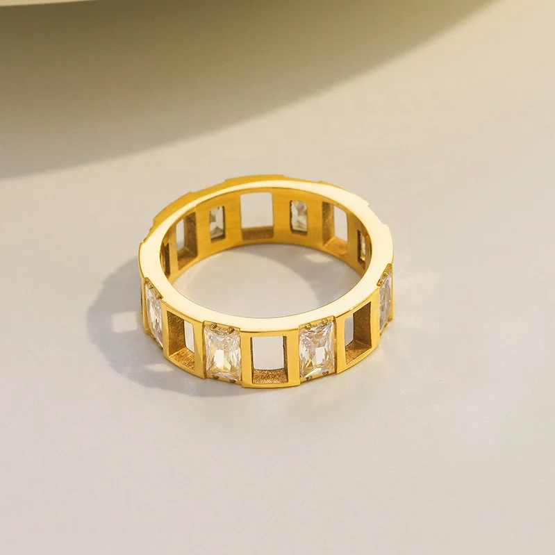 COOL Minimalist Gold Plated Finger Rings Women Stainless Steel Hollow Cubic Zircon Rings for Women