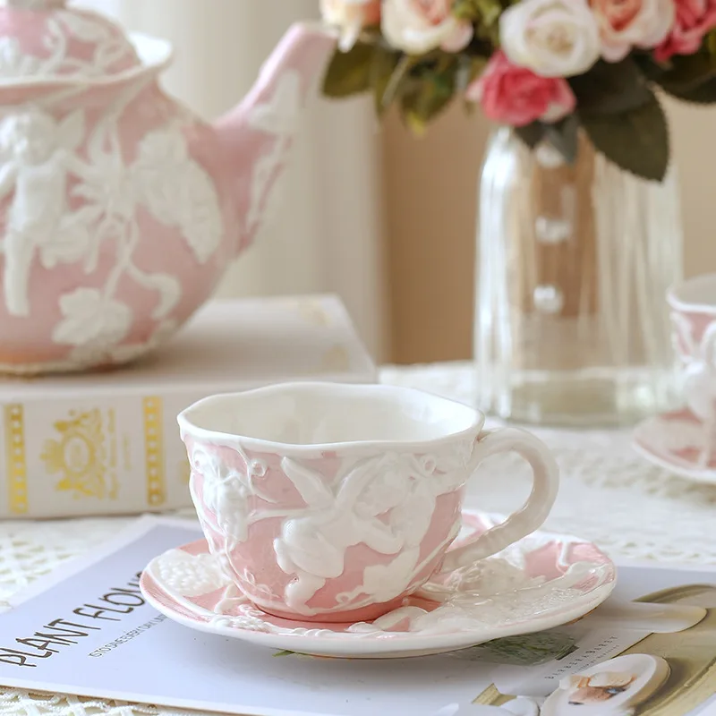 British 220ml Wholesale Angel Embossed Ceramic Coffee Cup With Saucer Vintage Britain Irregular Porcelain Coffee Mug Plate
