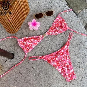 JSN 2026 Custom Floral Printed Swimsuit Halter Neck Bikini Low Waist Triangle Sexy Two-Piece Bikini for Women Backless Swimwear