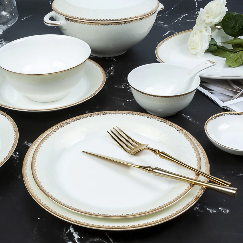 Highend Gold Border Design Porcelain White Dinnerware Set,Dubai Wholesale Market Bone China