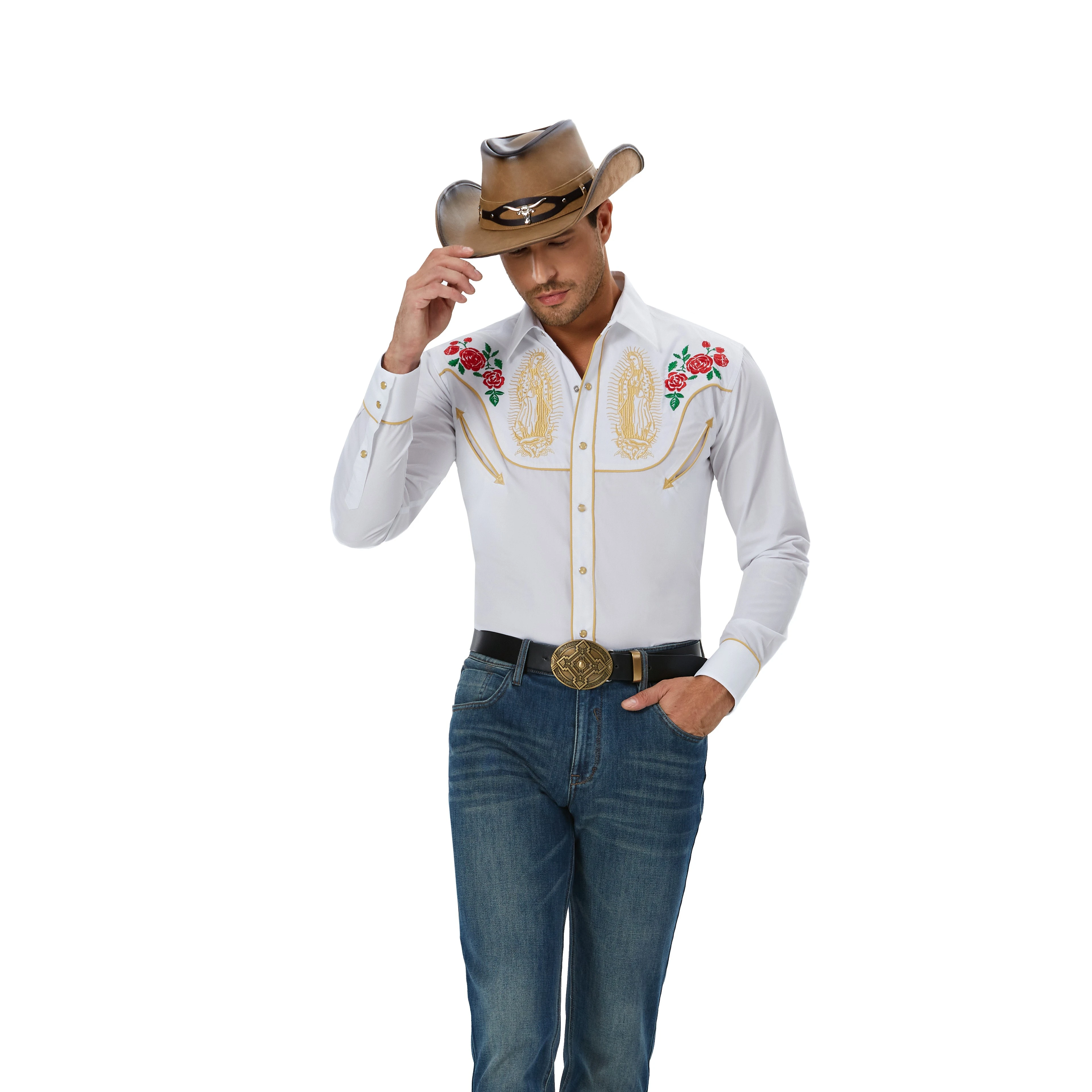 Herren-Langarmhemd mit Druckknopfverschluss „Lady of Guadalupe“-Stickerei im Westernstil908_voghion.com