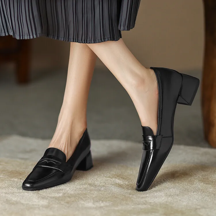 Cialisa Custom Pointed Toe Women's Loafer Pumps Comfort Genuine Leather Patchwork Block Mid