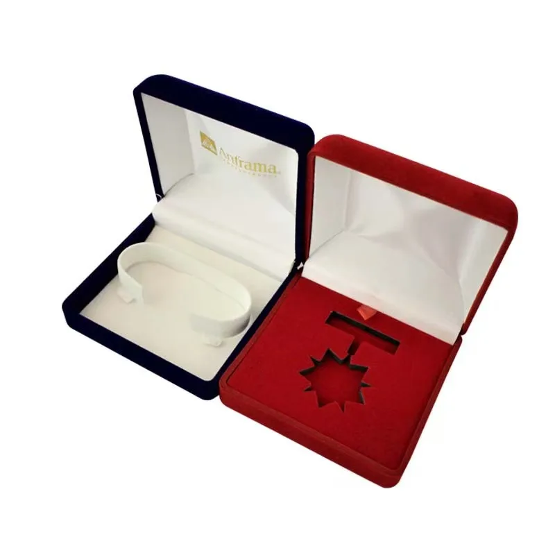 Custom Logo Rectangle Jewelry Package Box with Red Black Blue Ring Pendant Bracelet Square Pattern