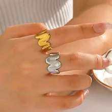 18K Gold Plated Simple Irregular Wave Opening Stainless Steel Jewelry Fashionable Trendy Gemstone for Weddings Featuring Natural