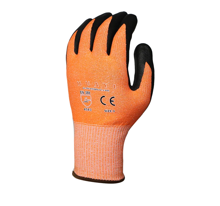 Micro Foam Nitrile Coated Orange Nitrile Gloves Palm Dotted Ansi Level 5 Cut Proof Gloves A4 Cut