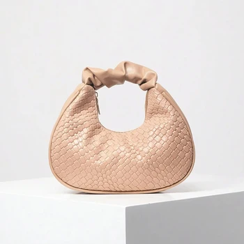 Vintage Woven PU Leather Fold-Over Bag Simple All-Match Women Wallet Crescent Moon Bag For Women