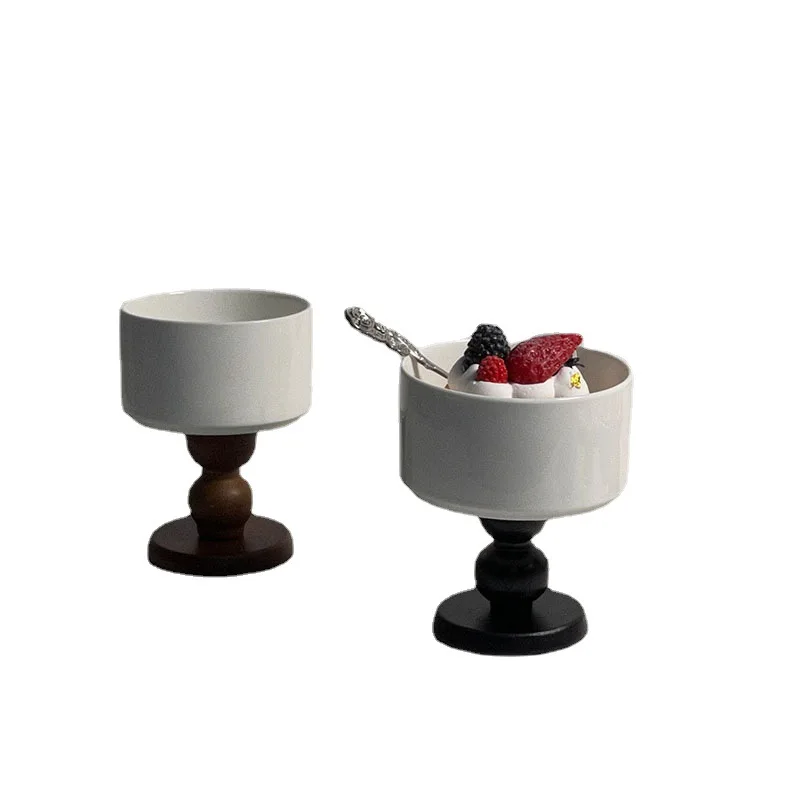 Taohui Dessert Goblet, Ice Cream Ceramic Bowl Beverage Cup with Wooden Foot for Trifle Parfait Sundae and Nuts