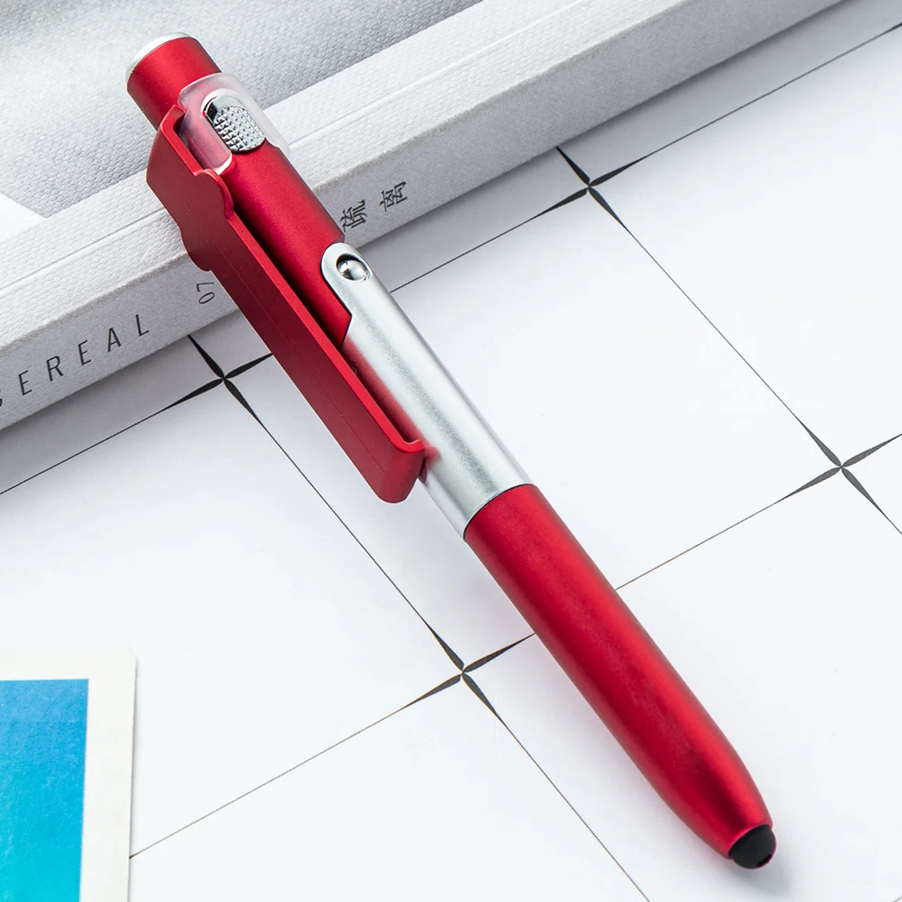 Multi Functional Phone Holder Plastic Pen LED Folding Lamp Pen Advertising Gift 4-in-1 Capacitive Touch Screen Ballpoint Pen