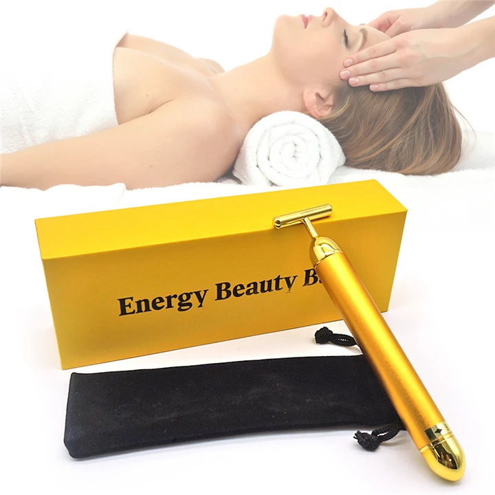 T Shape Energy Micro Vibrating Facial Roller Beauty Bar 24k Golden Pulse  Facial Massager