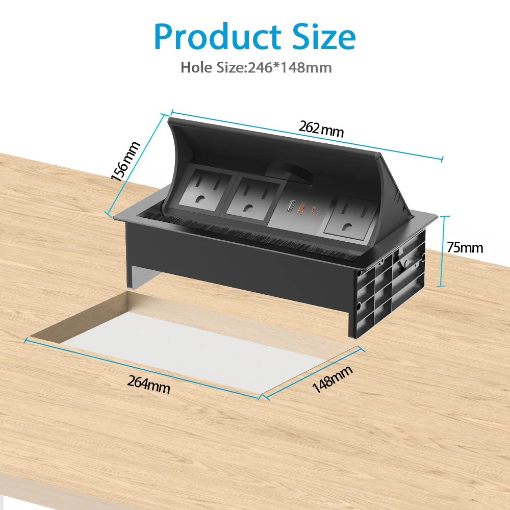 US Built in Conference Table Flip up Cover Brush Type Cable Management Socket Box With Inserted Fast Wireless Charger USB-C