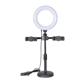 Wired Circular Fill Light Live Streaming Platform Desktop Phone Holder with Dual Phone Clip Phone Holder