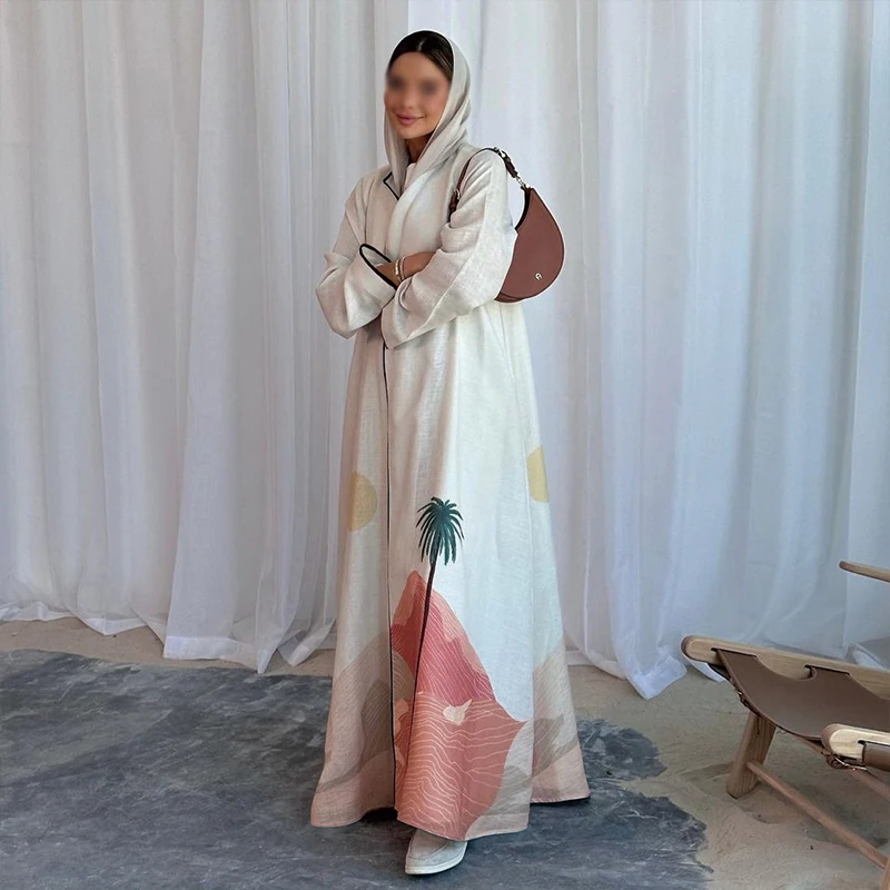 2025 EID Ramadan Modest Abaya Printing Crepe Palestine Kefiyyeh Dubai Abaya Dress Turkey Girl Kimono Muslim Women Dress