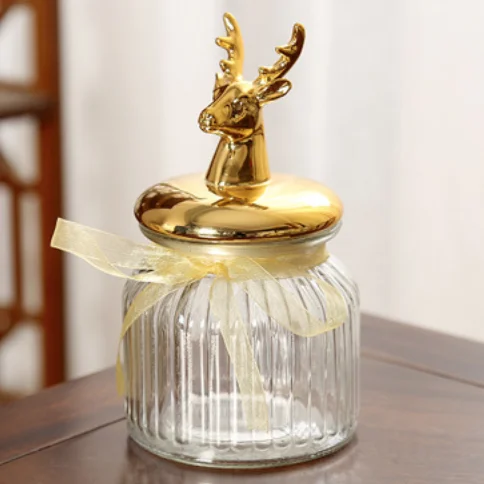 glass cookie jar with decorative deer