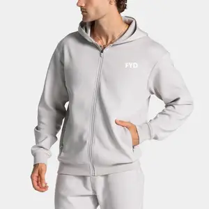 Custom Men's Zipper-Up Hoodie Spandex/Cotton Material Heat-Transfer Distressed Patch Casual Sporty Pocket Design OEM Service