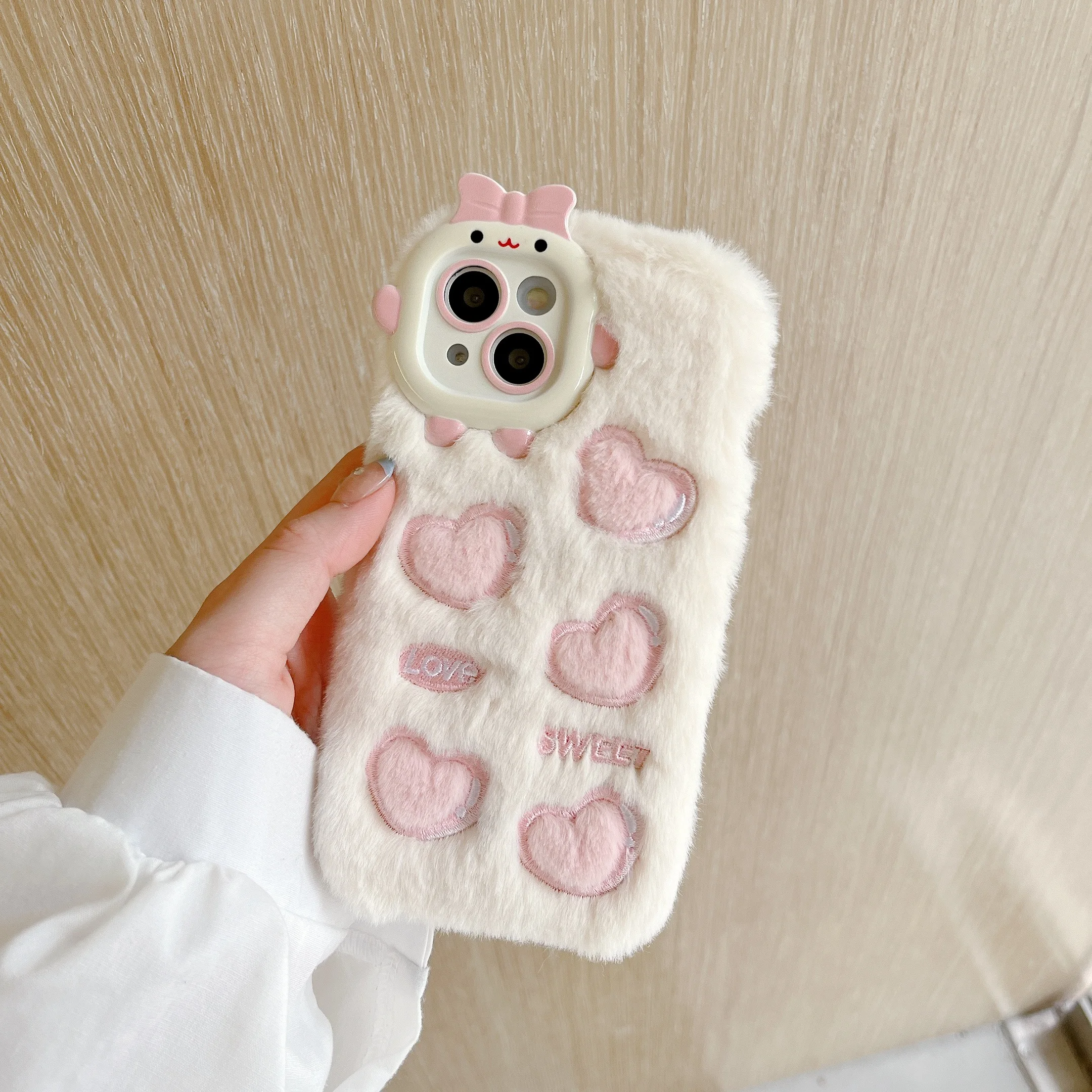 Pelz-Hlle mit Herzchen Rosa Niedliche Handyhllen fr iPhone 11 12 13 Pro  Max 14 Plus Plsch Warme Rckseite fr iPhone 14 Pro Max