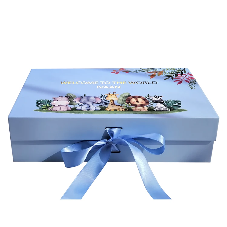 Animal Print Baby Box Gift Set Packaging Sweet Ribbon Design Embossed Carton