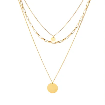 18k gold PVD plated 3 layered necklace women stainless steel custom blank coin disc round pendant chain choker necklace