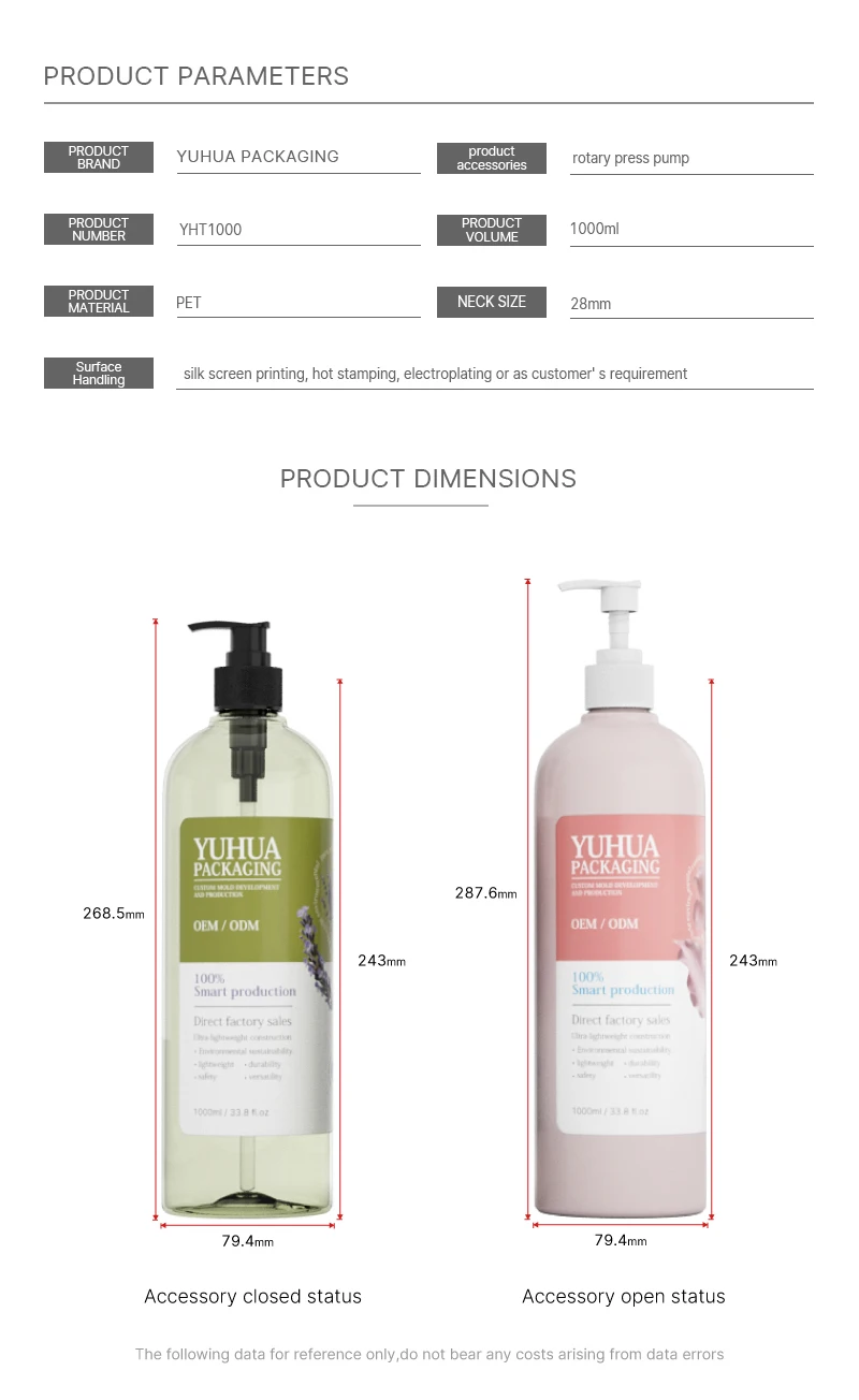 1000ML Luxury Eco-Friendly Plastic Pump Bottle for Shampoo Conditioner with Lotion Pump