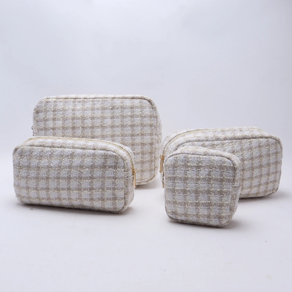 Keymay New Design RTS Stock S M L Xl Navy Blue Light Blue Black Nude Pink Cute Women Plaid Makeup Bag Checkered Cosmetic Bag