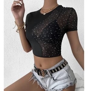 Sexy Mesh Sheer Solid Color Top Women's Transparent Camisole Short Top Summer Shiny Crew Neck Top