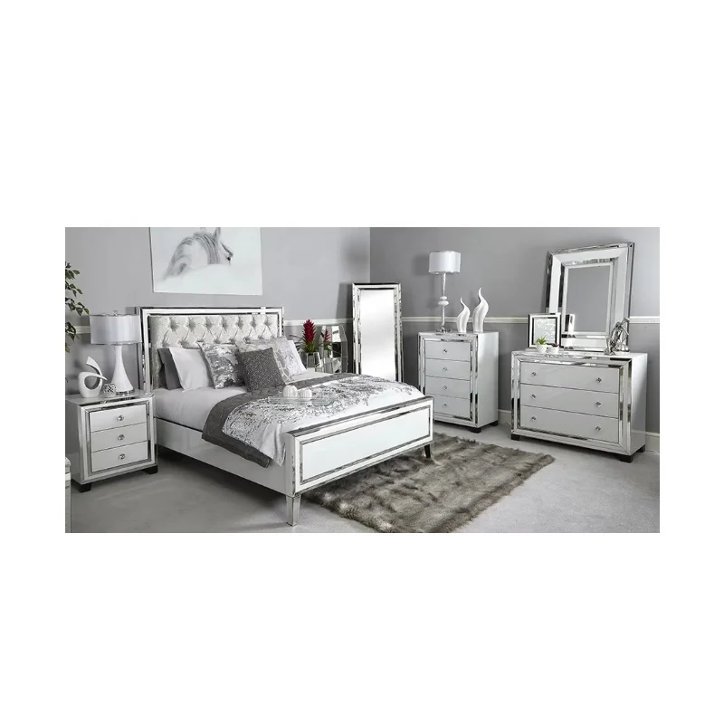 Factory Direct Sell Crystal  Mirrored Bed Sets Crystal Diamond Mirror Bed Furniture