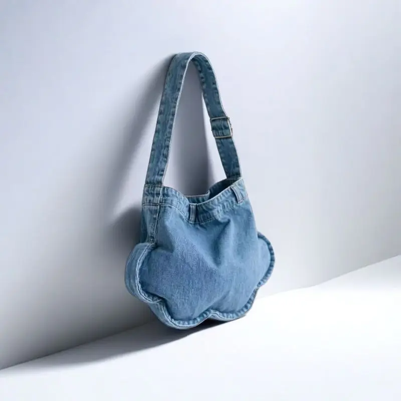 Korean Custom Cute Flower Shaped Washed Denim Mobile Phone Shoulder Bag Leisure College Student Class Travel Shopping Handbag