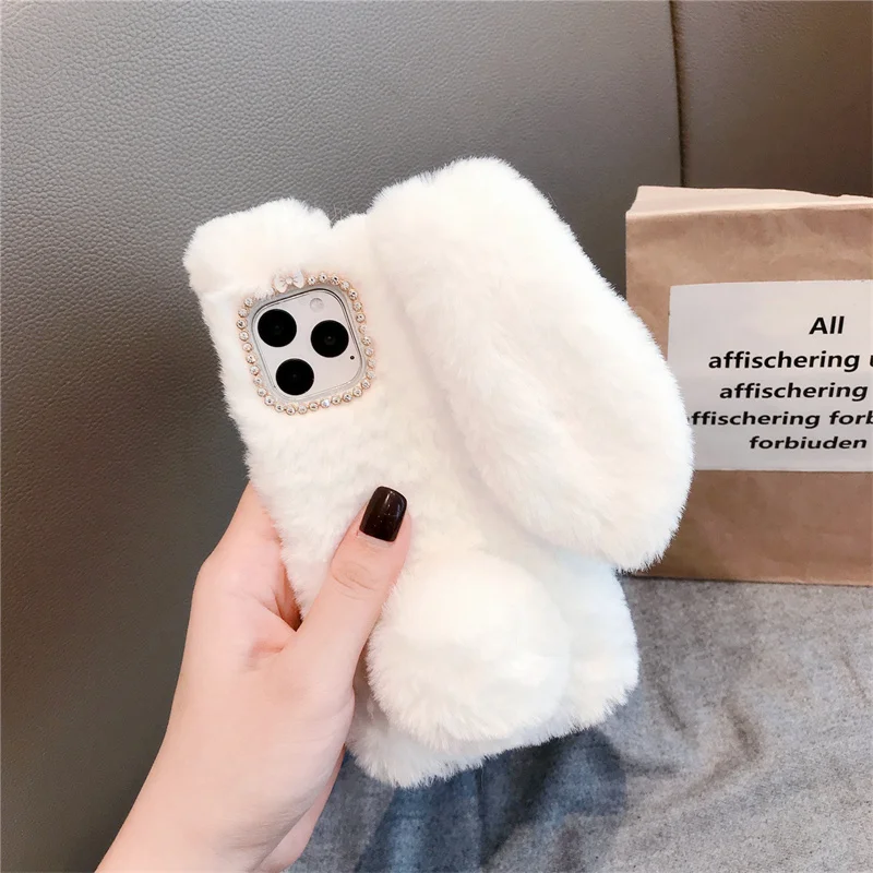 3D Cute Rabbit Ears Fur Plush Phone Case for iPhone 16 15 14 13 12