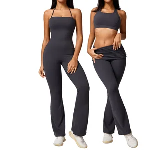 Women's Active Yoga Jumpsuit 2-Wear Beauty Back Flared Legging with Logo Sports Bodysuit for Gym Fitness Dance Workouts