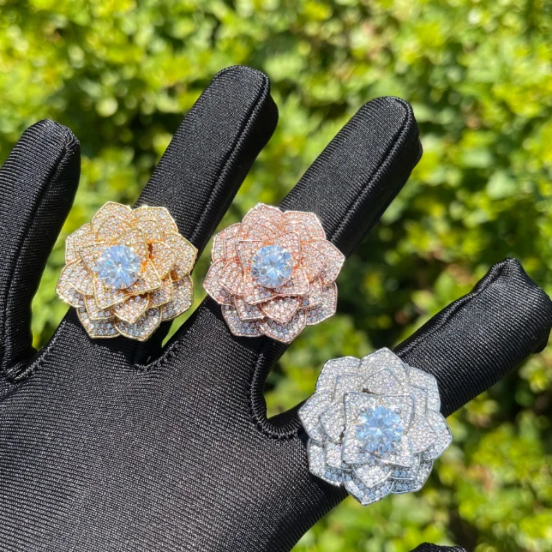 Rose Flower Ring With Cubic Moissanite And Gold Plating For Women_voghion.com