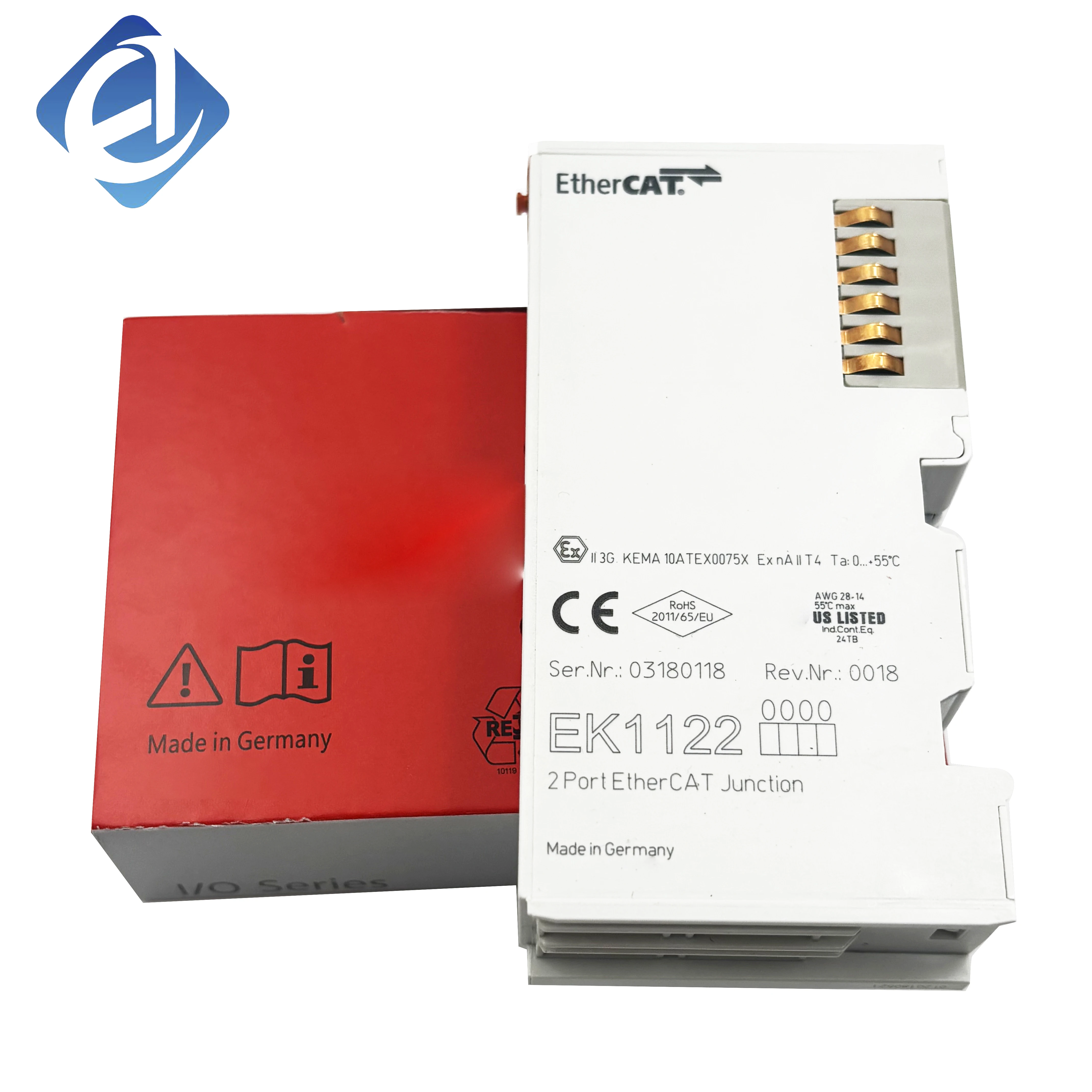 New Original EK1122 EtherCAT coupler. Real-time high-speed bus transmission, supports terminal module expansion, stable signal connection, widely used in industrial automation distributed I/O and multi-axis motion control systems.