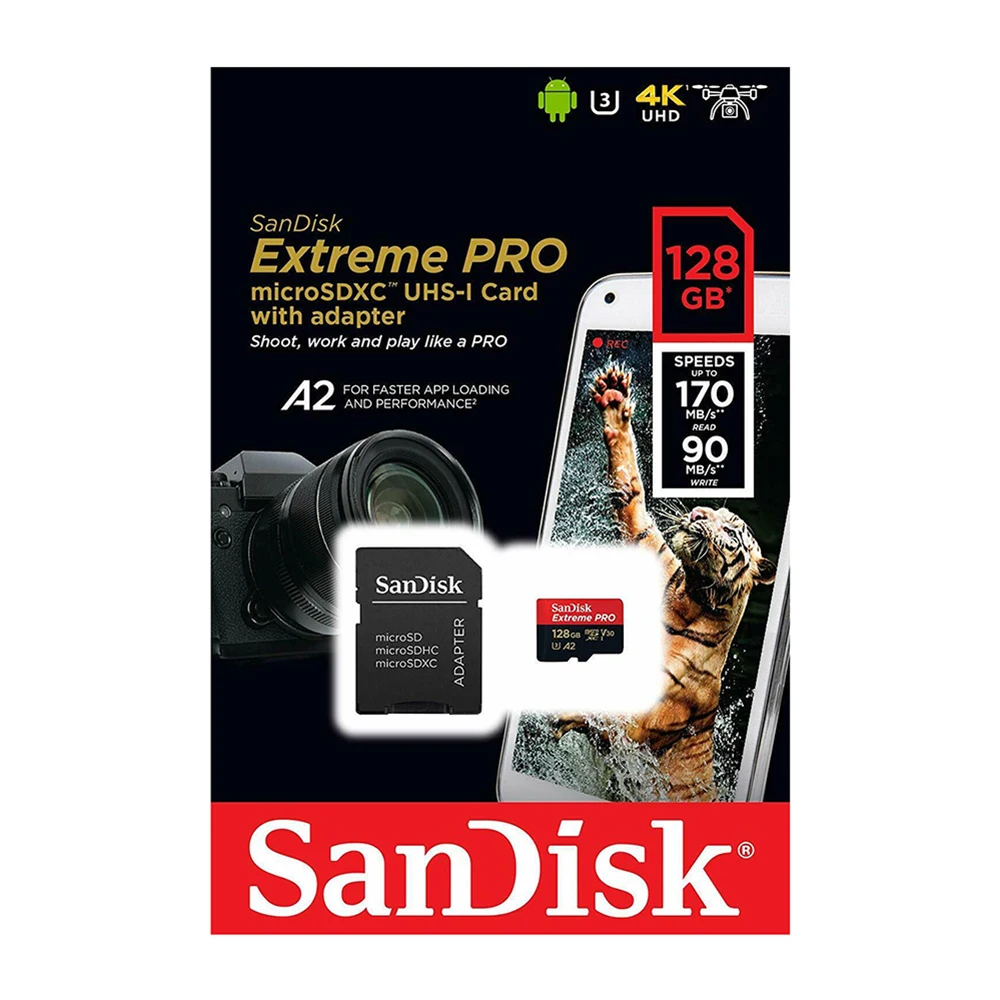 For Sandisk Extreme Pro 170MB/s Memory Card 32GB 64GB 128GB 256GB Mi cro SD Card A2 C10 U3 V30 SDXC UHS-I TF Card With Adapter