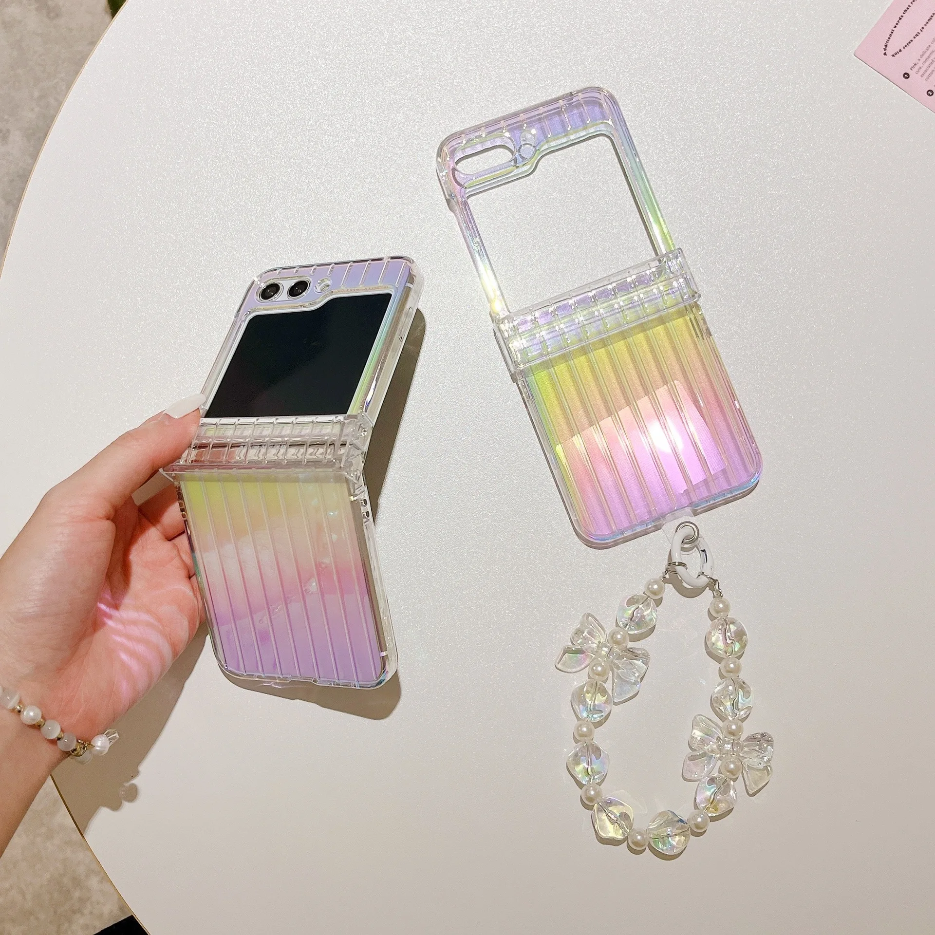 Luxury Fashion Laser Shockproof Designer Phone Cover For Samsung Z Flip 6/5/4/3 Simple Hard Pc Case With Wrist Chain supplier