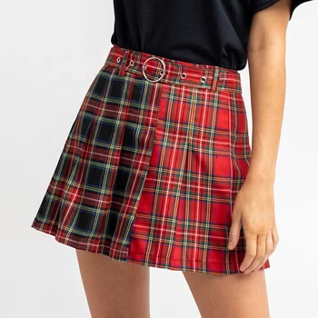 Pleated Mini Skirt Women Short Zipper Red and Black Plaided Skirts Ladies High Waist Pleated Skirt