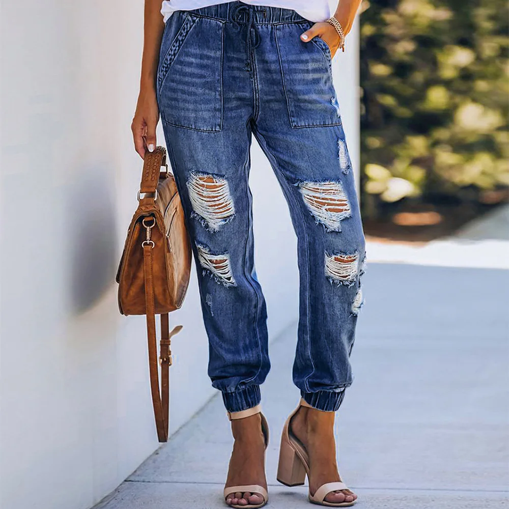 2021 Women's Loose Boyfriend Jeans Stretchy Ripped Distressed Denim Pants  S-2xl - Buy Women Jeans Denim,Denim Jeans For Women,Ripped Distressed Denim  Pants S-2x Product on 