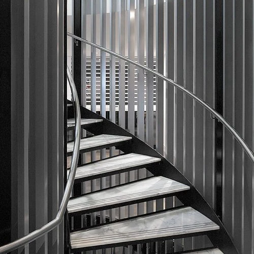 Natural Stone Curved Stairs Design  Glass Staircase Railing Tiles Tread White Panda Marble Stairs