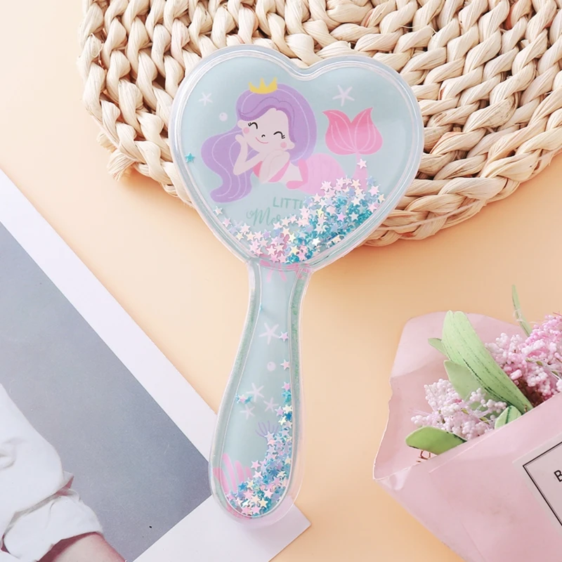 Hot Selling Compact Heart Shape Transparent Blue Unicorn Pattern Hairbrush Cute Cartoon Pink Mermaid Pattern Hairbrush for Girls