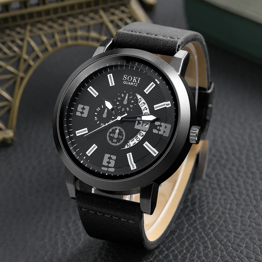 SOKI Brand Watch for Men Business Men Watch Gift Set Casual Leather Strap Number Date Quartz Wristwatches Fashion Watches Man