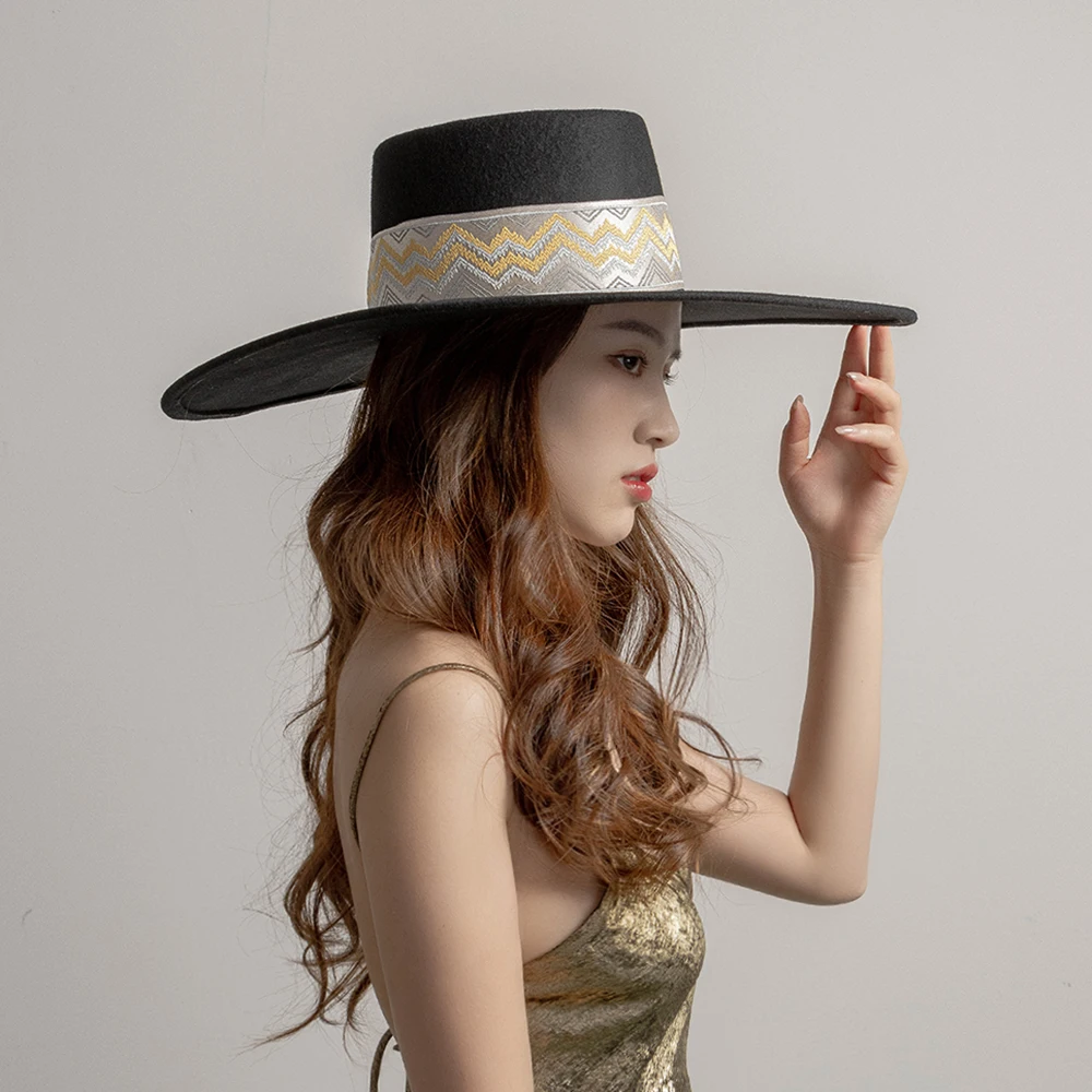 100% Wool Felt Pork Pie Hat Extra Wide Brim Felt Hat With Embroidery Ribbon Band OEM Customization Available
